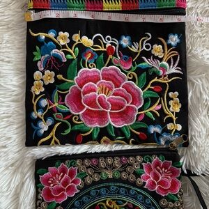 Floral Embroidered Women's Bag and Wristlet Bundle